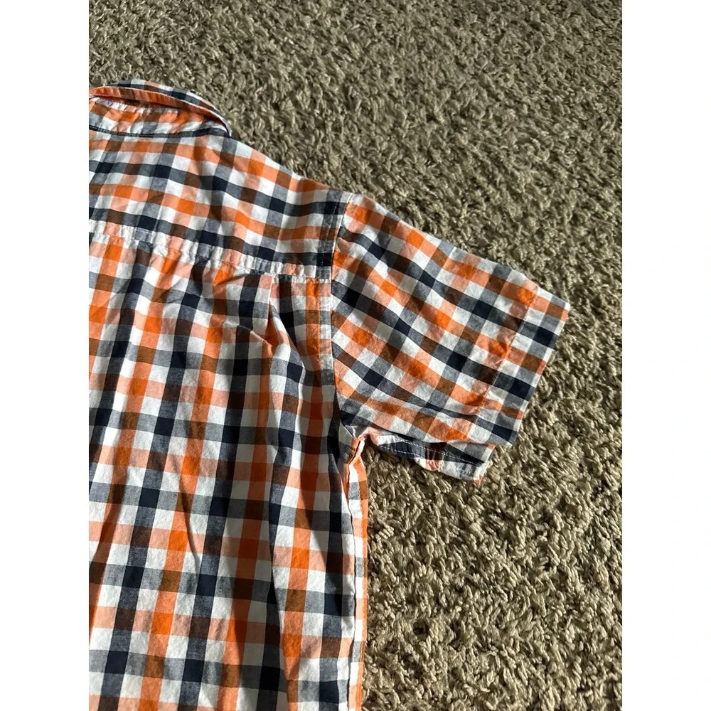 Place Boys White Orange Navy Blue Plaid Short Sleeve Button Down Size 7/8